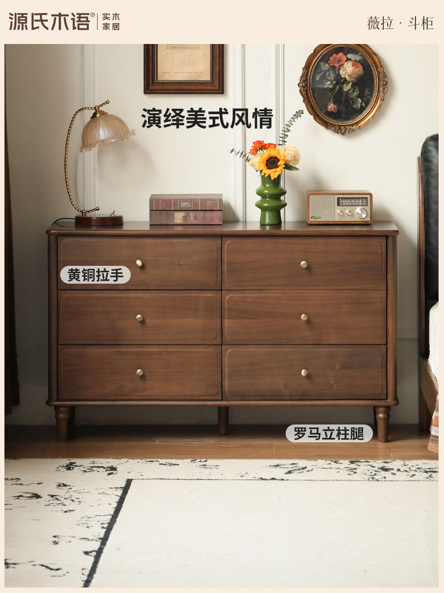 Solid wood six-drawer dresser, American vintage style, black walnut storage cabinet, bedroom foot-of-bed cabinet